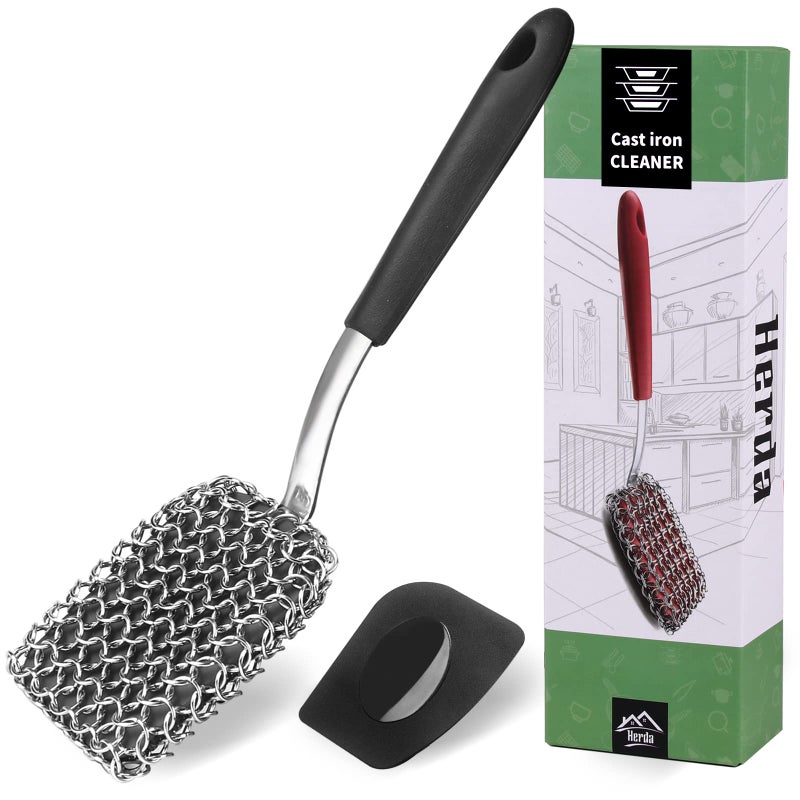 Herda Cast Iron Scrubber Brush with Handle Cast Iron Cleaner Chainmail Scrubber + Pan Scraper, 316 Chain Maille to Clean Pan Pot Skillet Grill Griddle Metal Scrub Wok Scrub Carbon Dutch Oven Carbon Cleaning - Image 1